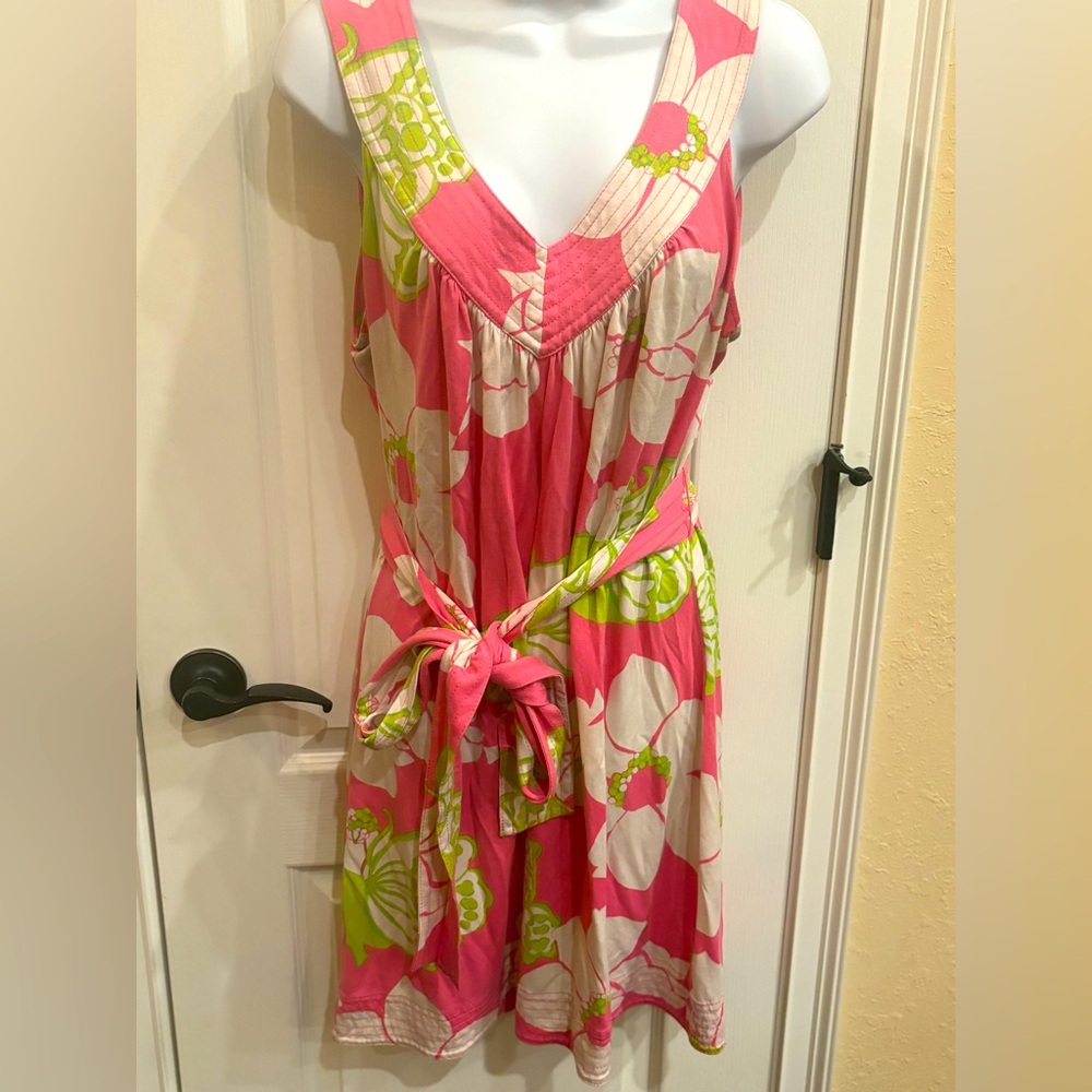 Lilly Pulitzer silk Jersey Dress w/ belt XL pink and green floral print